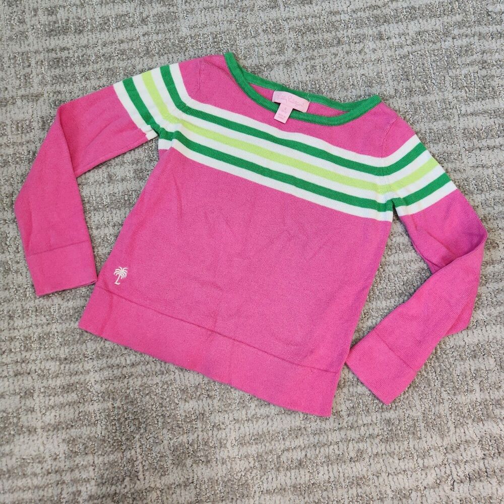 Lilly Pulitzer Girls Small 4-5 Sweater Pink Lime Green White Striped Crewneck